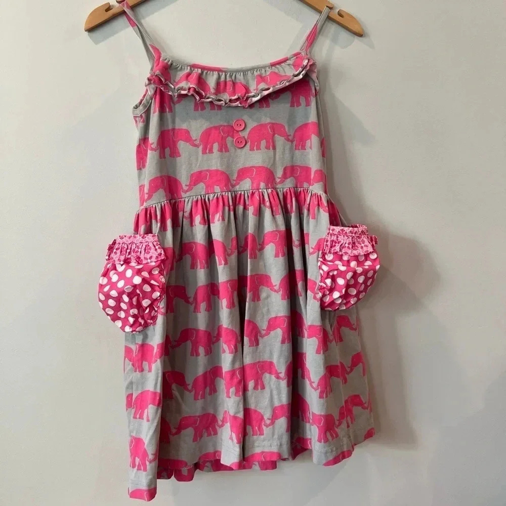 Eleanor Rose Elephant Dress | Grey  & Pink with Pockets | 10-12 Girl